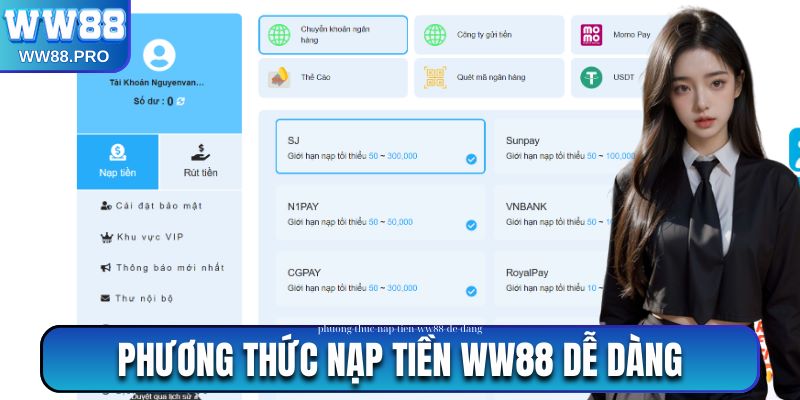 Phương thức nạp tiền WW88 dễ dàng